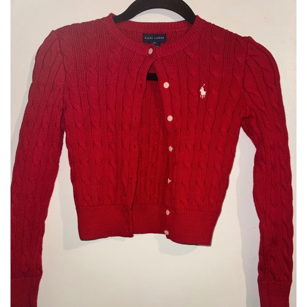 Ralph Lauren Girls Red Cable Knit Cardigan Sweater Size M 8-10 White Pony Preppy